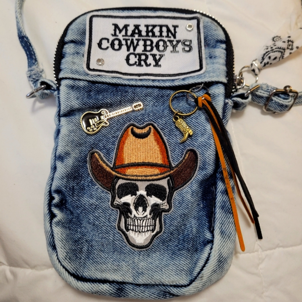 Denim Skull Crossbody Bag
